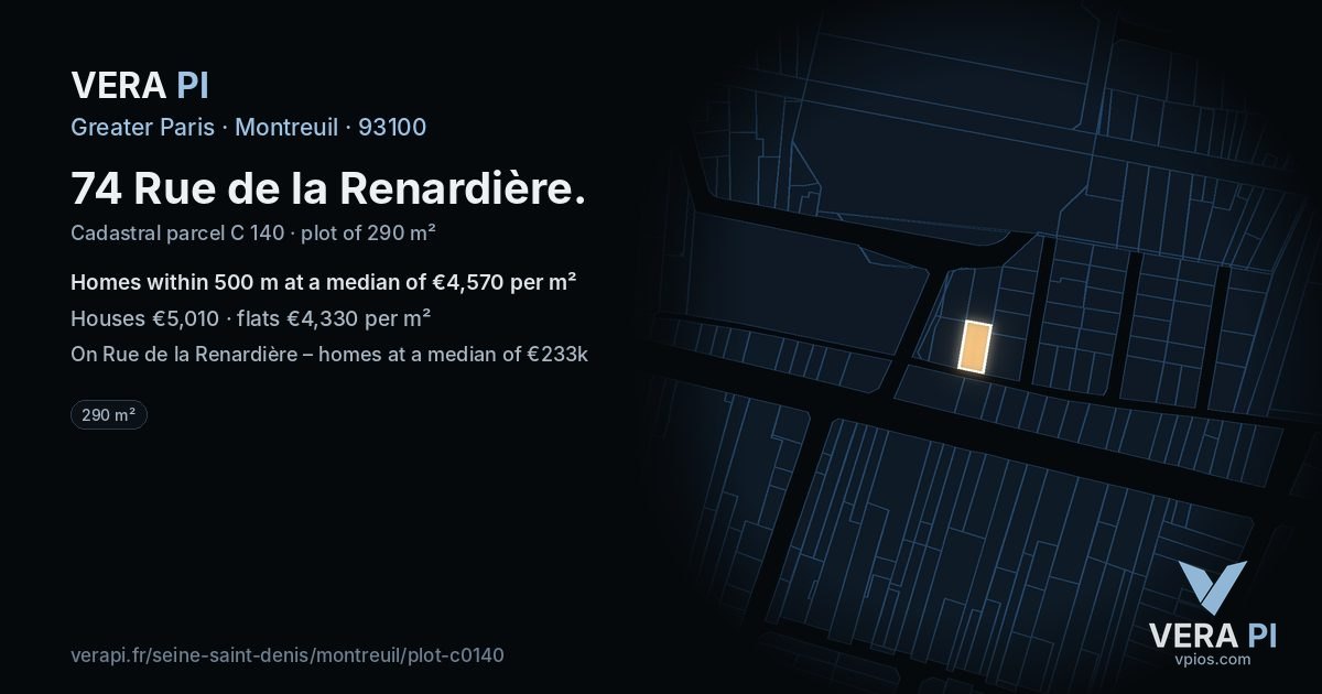 74 Rue de la Renardière, Montreuil at night – the plot lit, the parcels around coloured by the prices near them