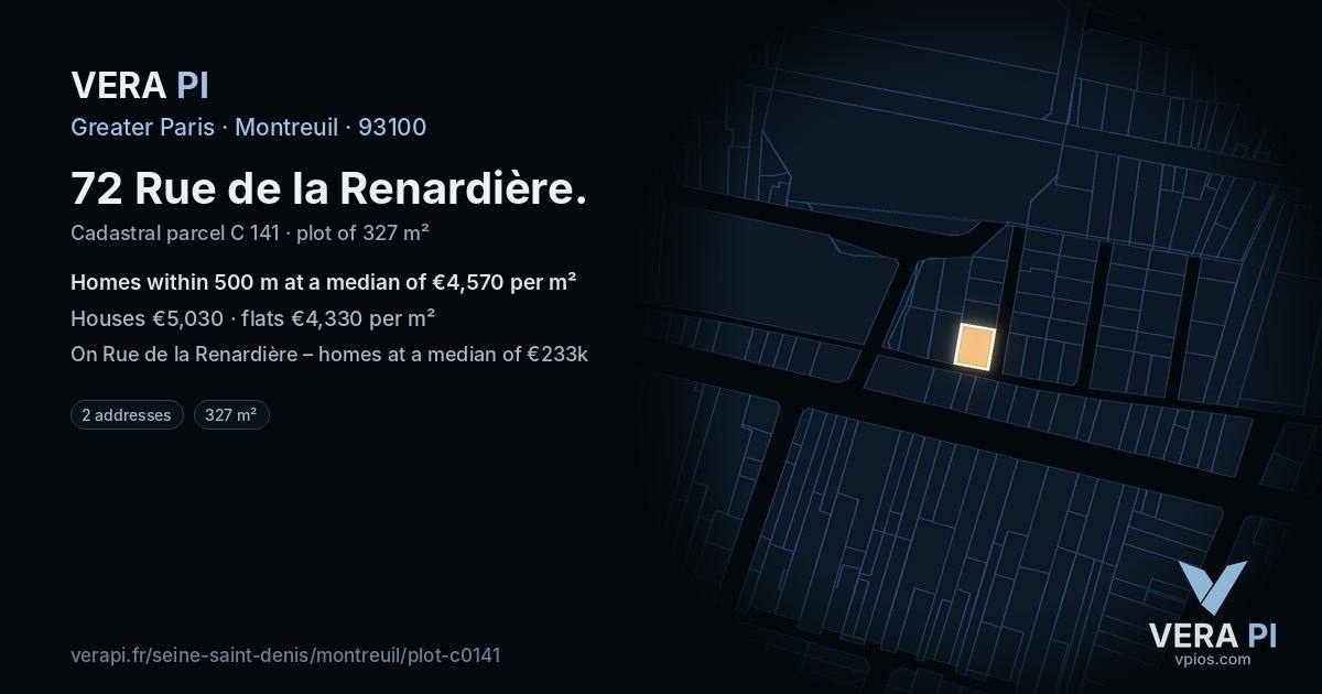72 Rue de la Renardière, Montreuil at night – the plot lit, the parcels around coloured by the prices near them