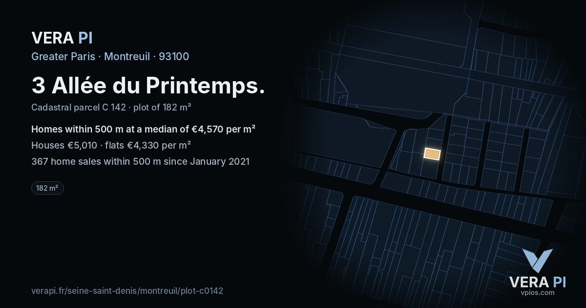 3 Allée du Printemps, Montreuil at night – the plot lit, the parcels around coloured by the prices near them
