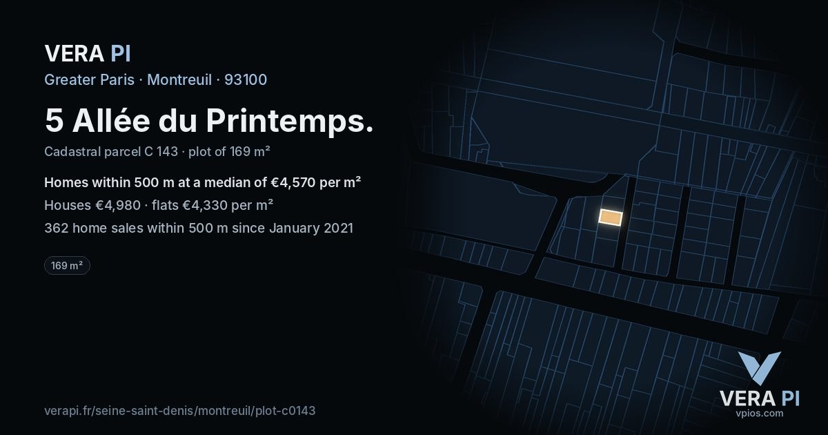 5 Allée du Printemps, Montreuil at night – the plot lit, the parcels around coloured by the prices near them