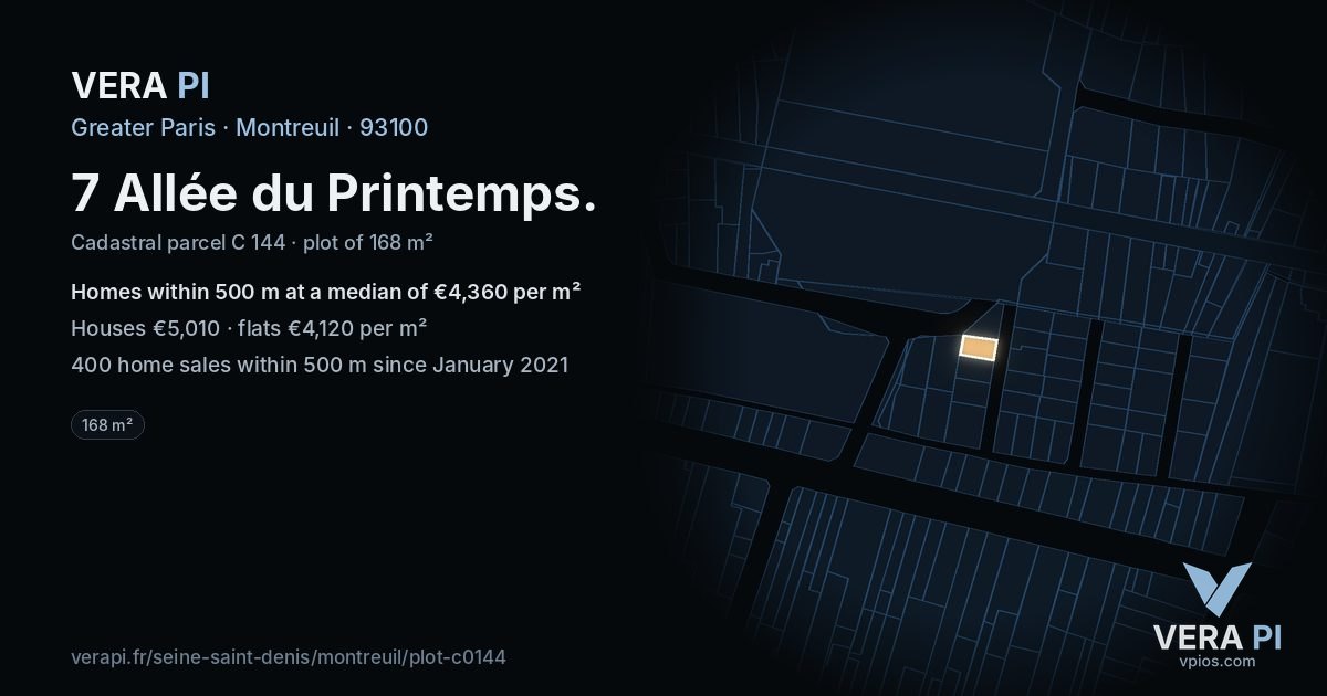 7 Allée du Printemps, Montreuil at night – the plot lit, the parcels around coloured by the prices near them