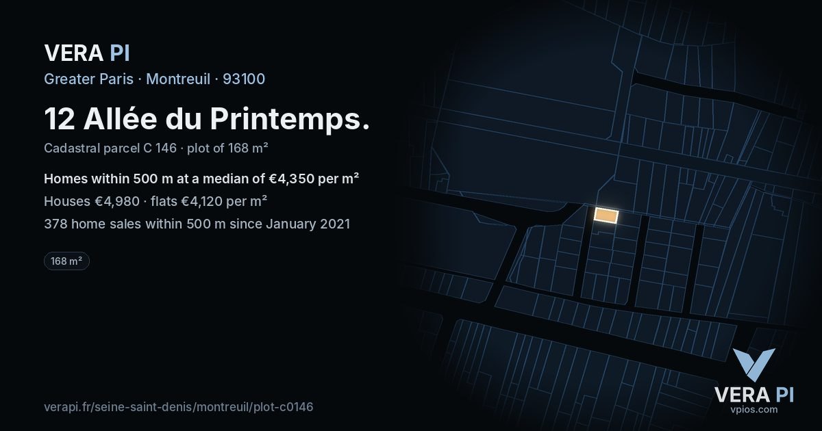 12 Allée du Printemps, Montreuil at night – the plot lit, the parcels around coloured by the prices near them
