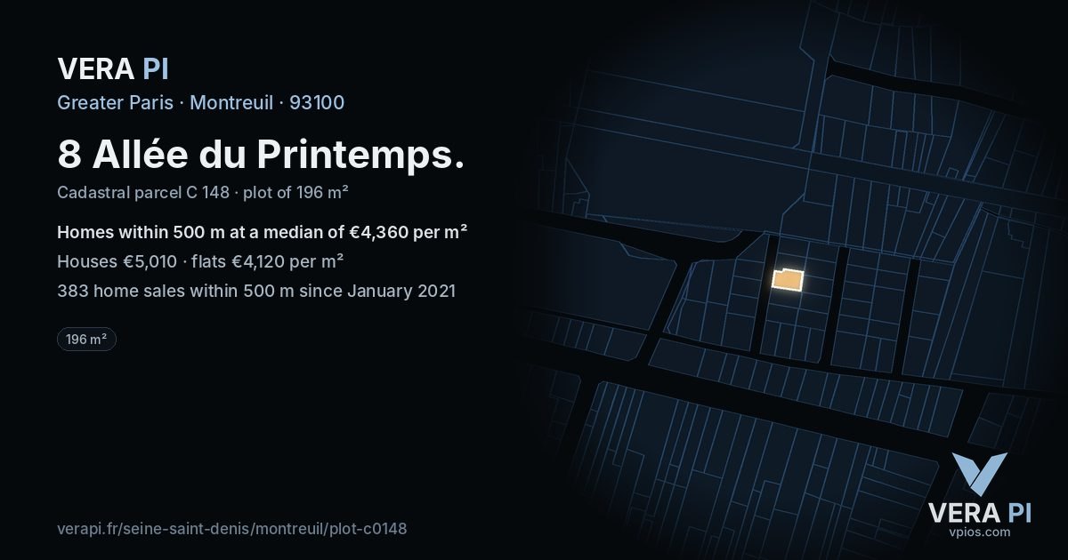 8 Allée du Printemps, Montreuil at night – the plot lit, the parcels around coloured by the prices near them