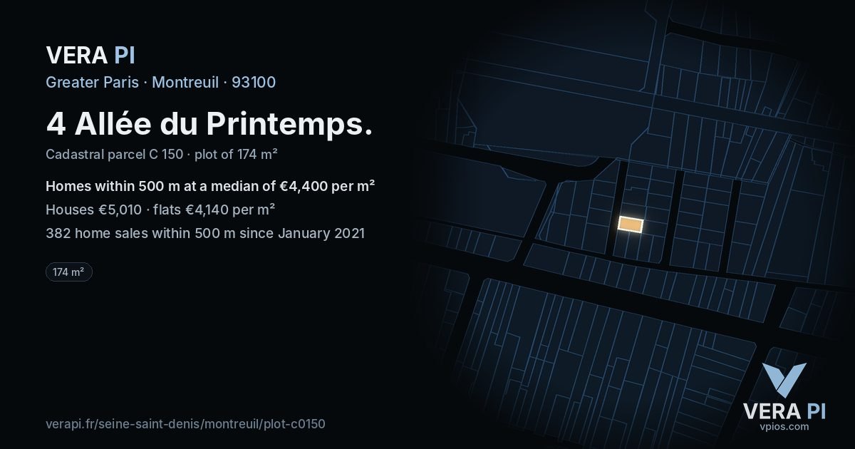 4 Allée du Printemps, Montreuil at night – the plot lit, the parcels around coloured by the prices near them
