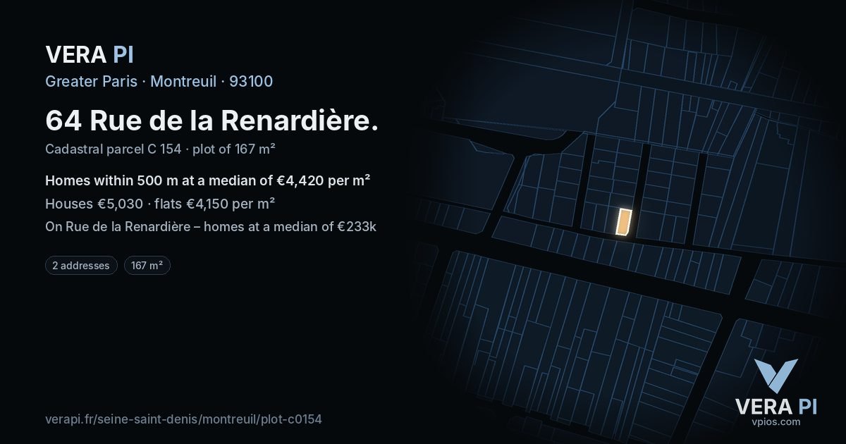 64 Rue de la Renardière, Montreuil at night – the plot lit, the parcels around coloured by the prices near them