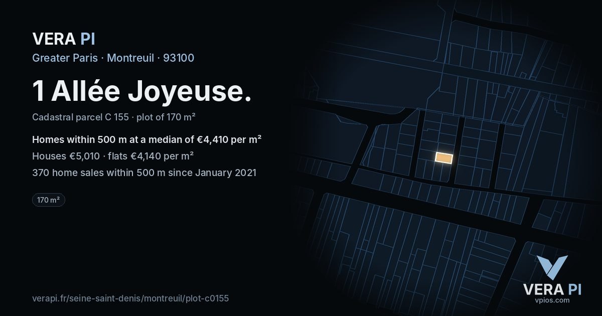 1 Allée Joyeuse, Montreuil at night – the plot lit, the parcels around coloured by the prices near them