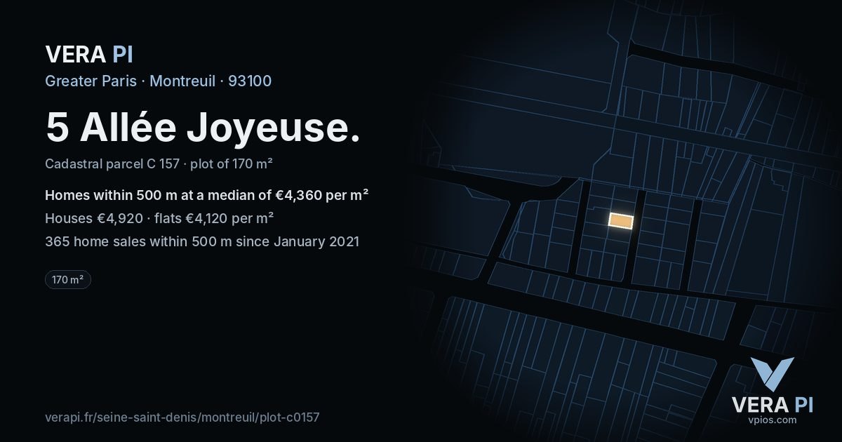 5 Allée Joyeuse, Montreuil at night – the plot lit, the parcels around coloured by the prices near them