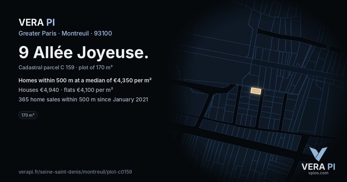 9 Allée Joyeuse, Montreuil at night – the plot lit, the parcels around coloured by the prices near them