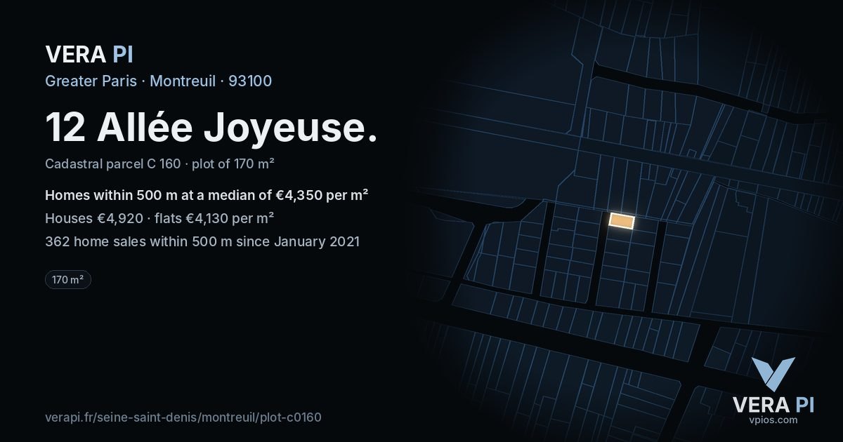 12 Allée Joyeuse, Montreuil at night – the plot lit, the parcels around coloured by the prices near them