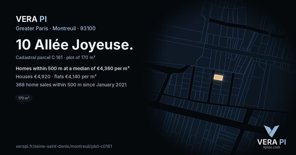 10 Allée Joyeuse, Montreuil at night – the plot lit, the parcels around coloured by the prices near them