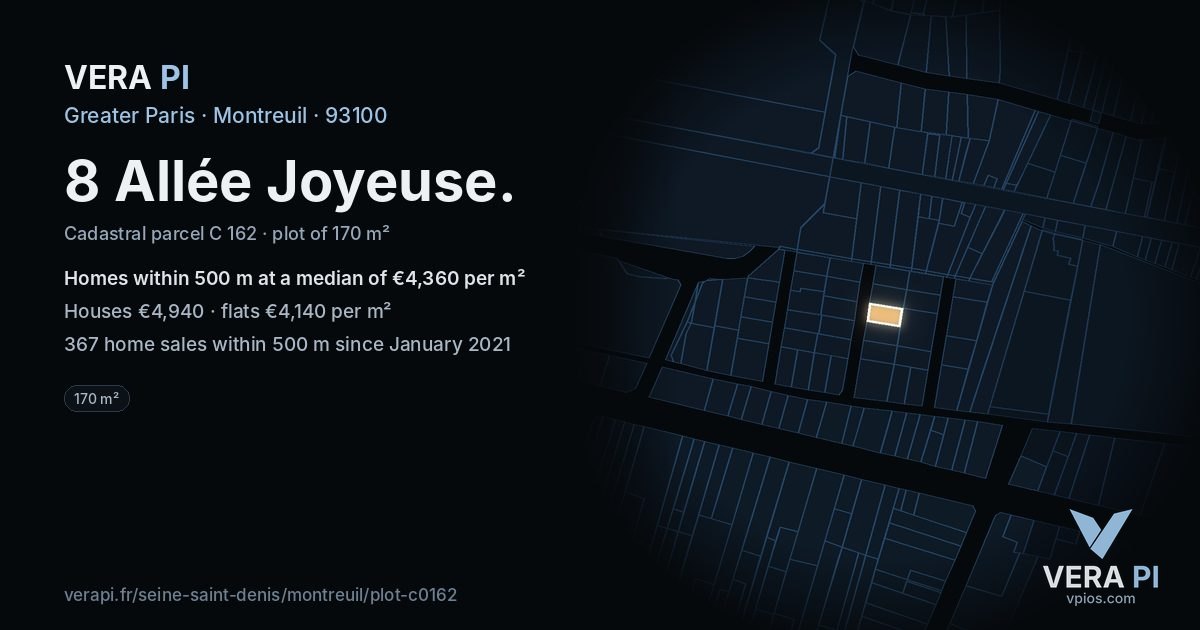 8 Allée Joyeuse, Montreuil at night – the plot lit, the parcels around coloured by the prices near them