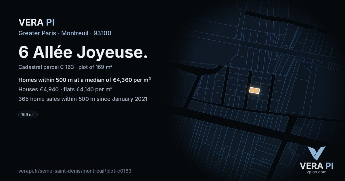 6 Allée Joyeuse, Montreuil at night – the plot lit, the parcels around coloured by the prices near them