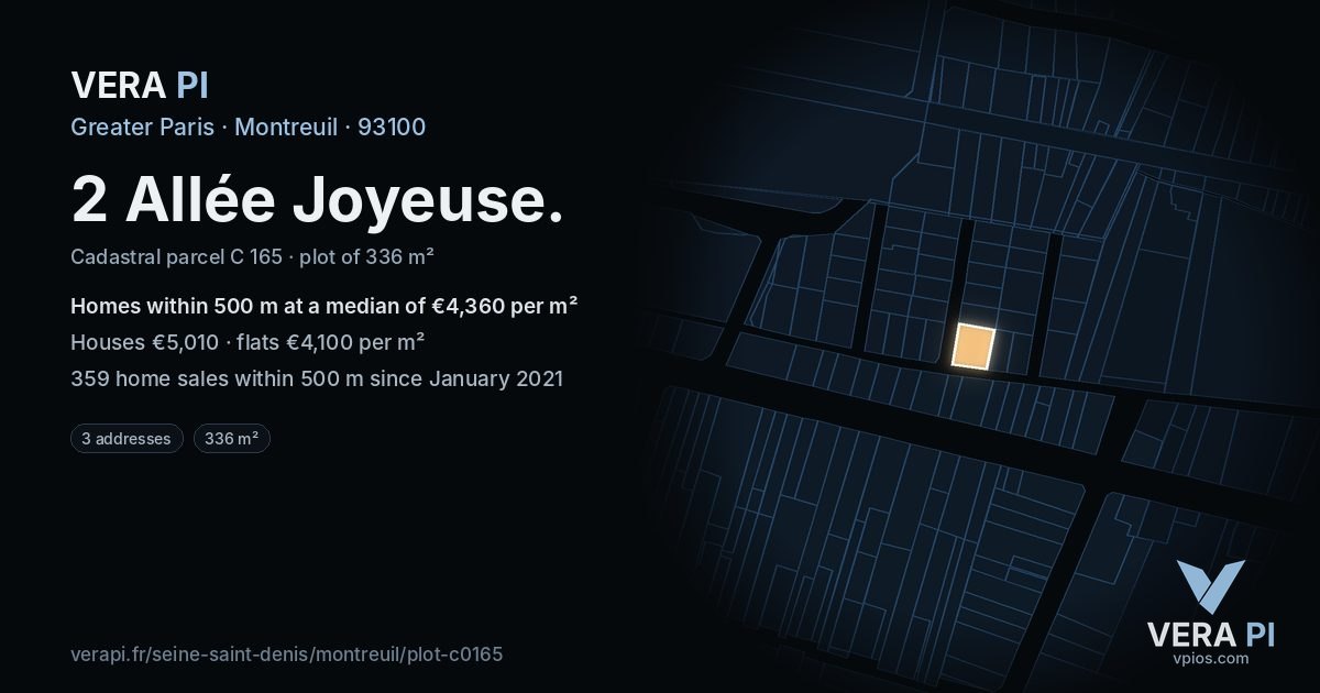 2 Allée Joyeuse, Montreuil at night – the plot lit, the parcels around coloured by the prices near them