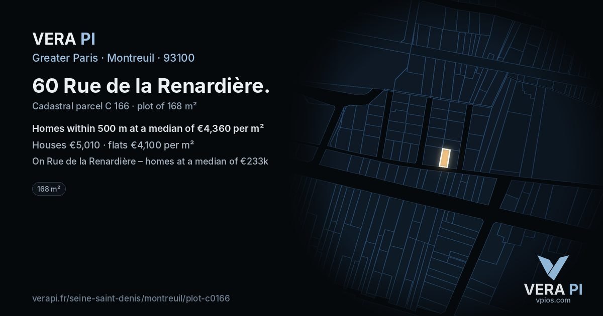 60 Rue de la Renardière, Montreuil at night – the plot lit, the parcels around coloured by the prices near them