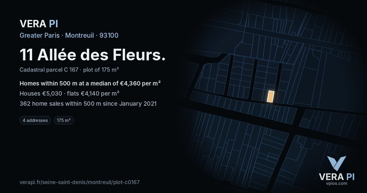 11 Allée des Fleurs, Montreuil at night – the plot lit, the parcels around coloured by the prices near them