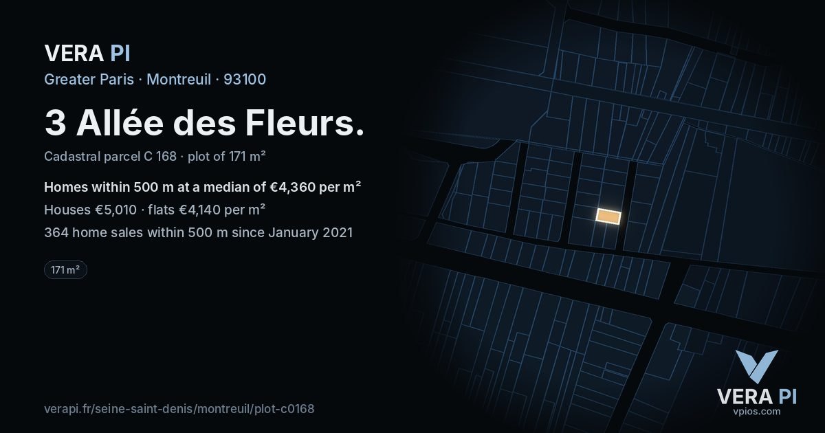 3 Allée des Fleurs, Montreuil at night – the plot lit, the parcels around coloured by the prices near them