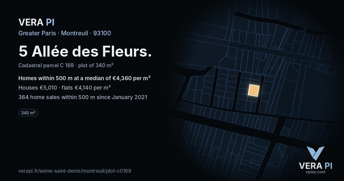 5 Allée des Fleurs, Montreuil at night – the plot lit, the parcels around coloured by the prices near them