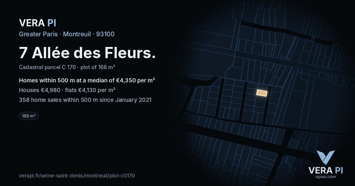 7 Allée des Fleurs, Montreuil at night – the plot lit, the parcels around coloured by the prices near them