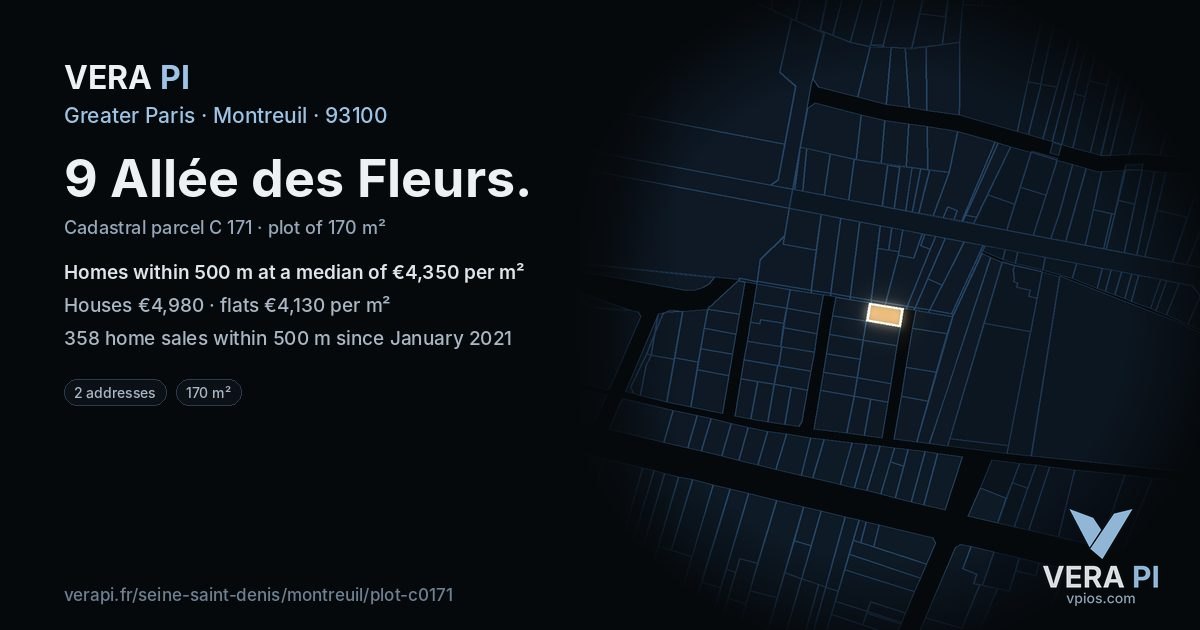 9 Allée des Fleurs, Montreuil at night – the plot lit, the parcels around coloured by the prices near them