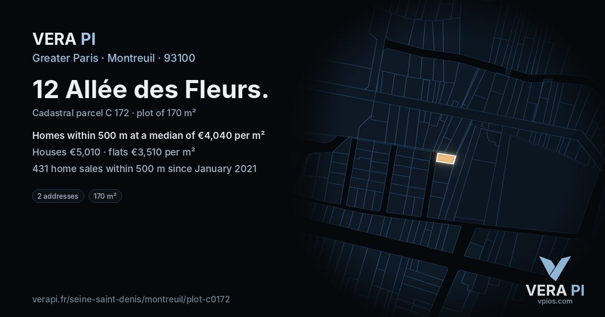 12 Allée des Fleurs, Montreuil at night – the plot lit, the parcels around coloured by the prices near them