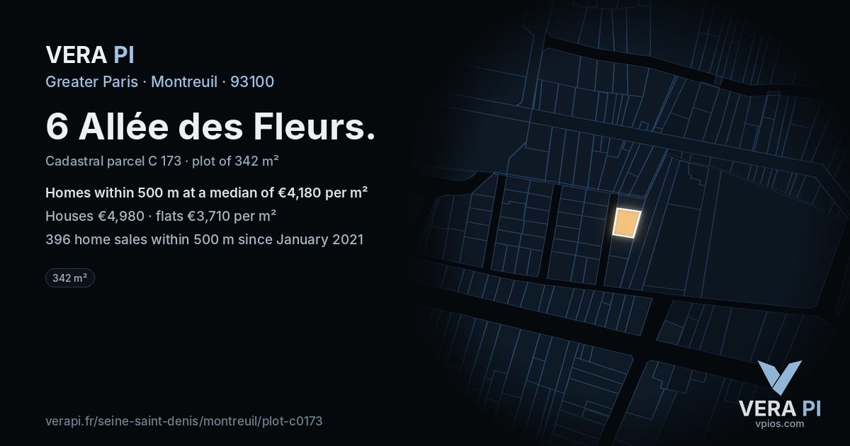6 Allée des Fleurs, Montreuil at night – the plot lit, the parcels around coloured by the prices near them