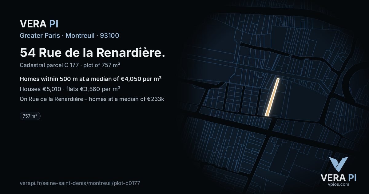 54 Rue de la Renardière, Montreuil at night – the plot lit, the parcels around coloured by the prices near them
