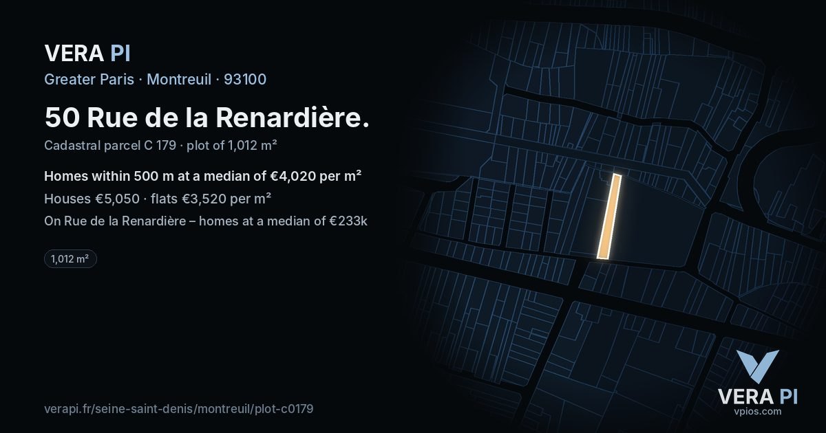 50 Rue de la Renardière, Montreuil at night – the plot lit, the parcels around coloured by the prices near them