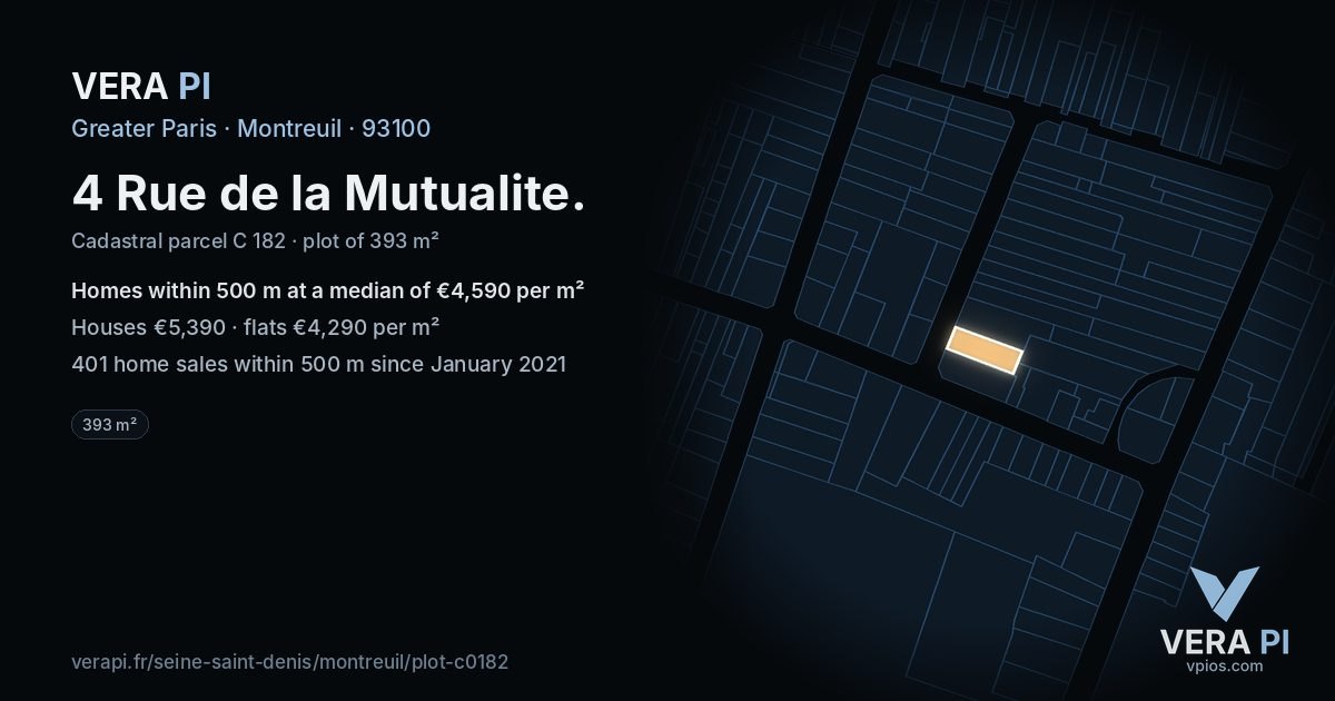 4 Rue de la Mutualite, Montreuil at night – the plot lit, the parcels around coloured by the prices near them