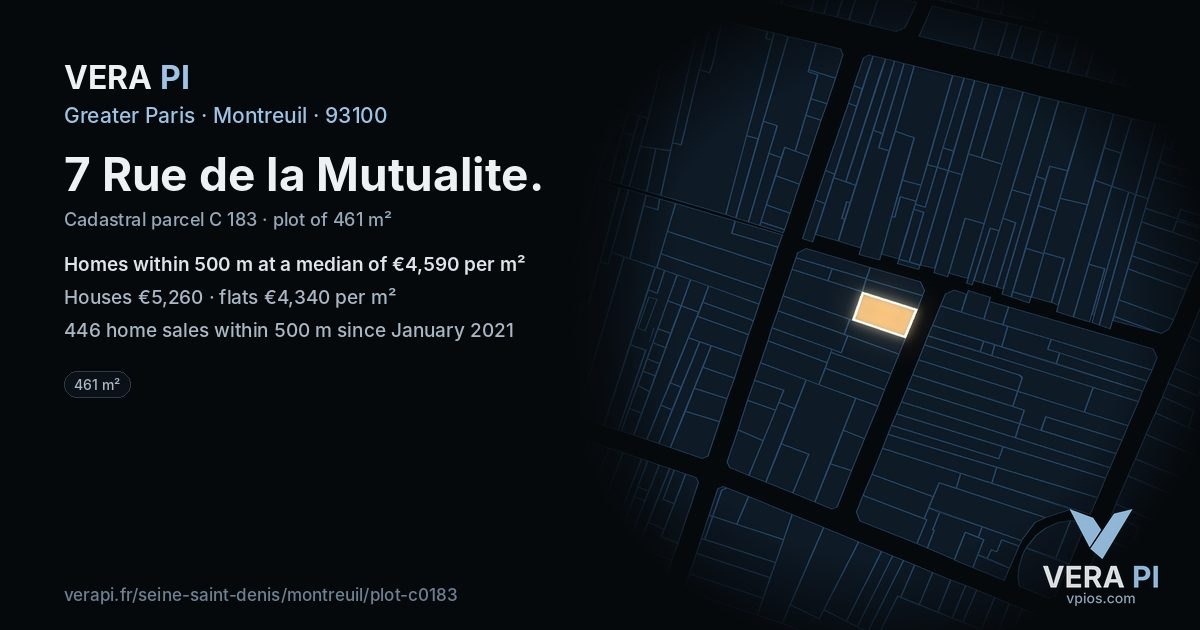 7 Rue de la Mutualite, Montreuil at night – the plot lit, the parcels around coloured by the prices near them