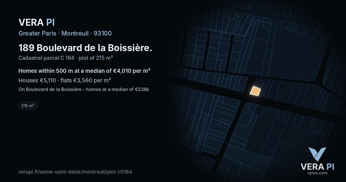 189 Boulevard de la Boissière, Montreuil at night – the plot lit, the parcels around coloured by the prices near them