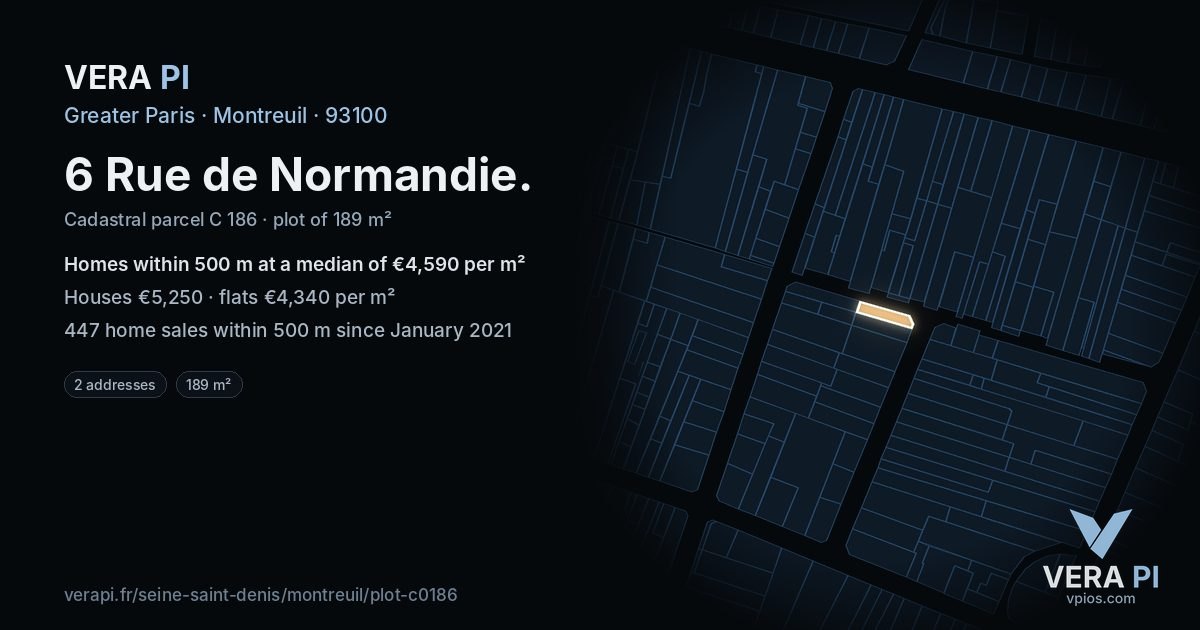 6 Rue de Normandie, Montreuil at night – the plot lit, the parcels around coloured by the prices near them