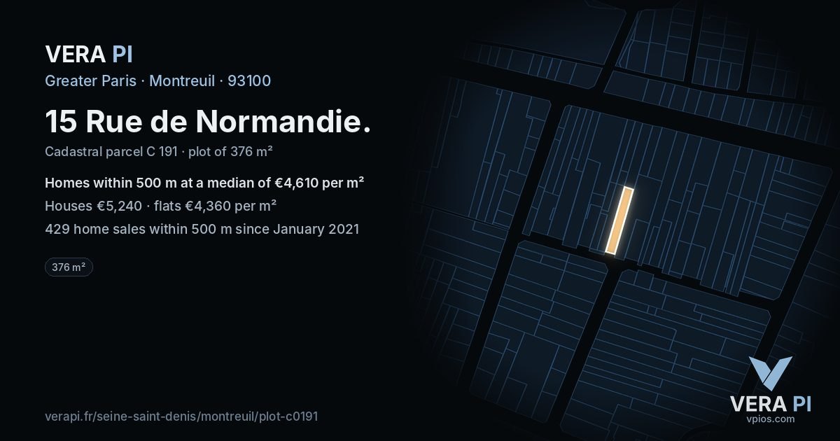 15 Rue de Normandie, Montreuil at night – the plot lit, the parcels around coloured by the prices near them