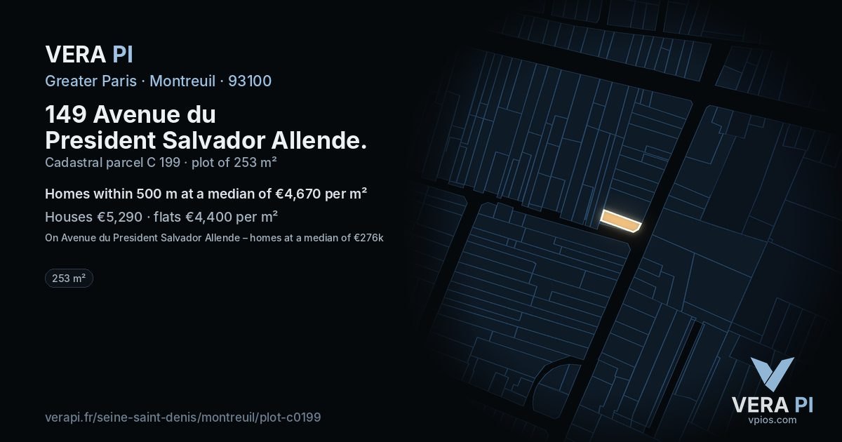 149 Avenue du President Salvador Allende, Montreuil at night – the plot lit, the parcels around coloured by the prices near them