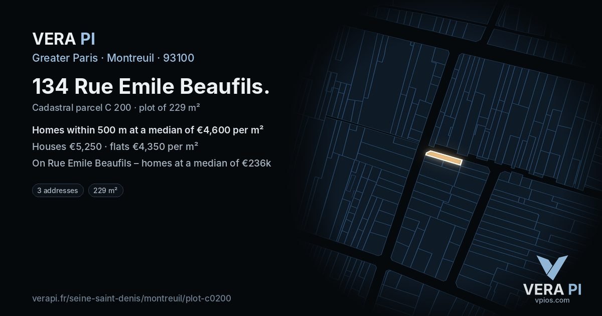 134 Rue Emile Beaufils, Montreuil at night – the plot lit, the parcels around coloured by the prices near them