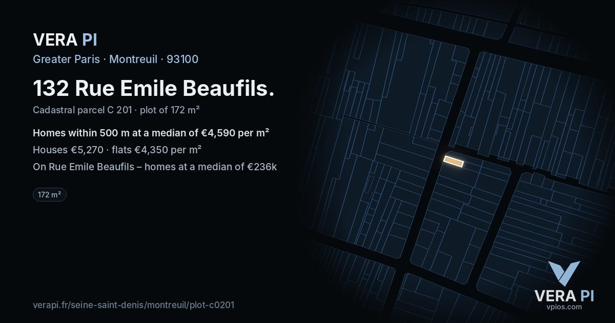 132 Rue Emile Beaufils, Montreuil at night – the plot lit, the parcels around coloured by the prices near them