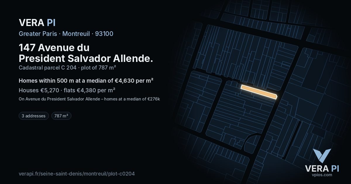 147 Avenue du President Salvador Allende, Montreuil at night – the plot lit, the parcels around coloured by the prices near them