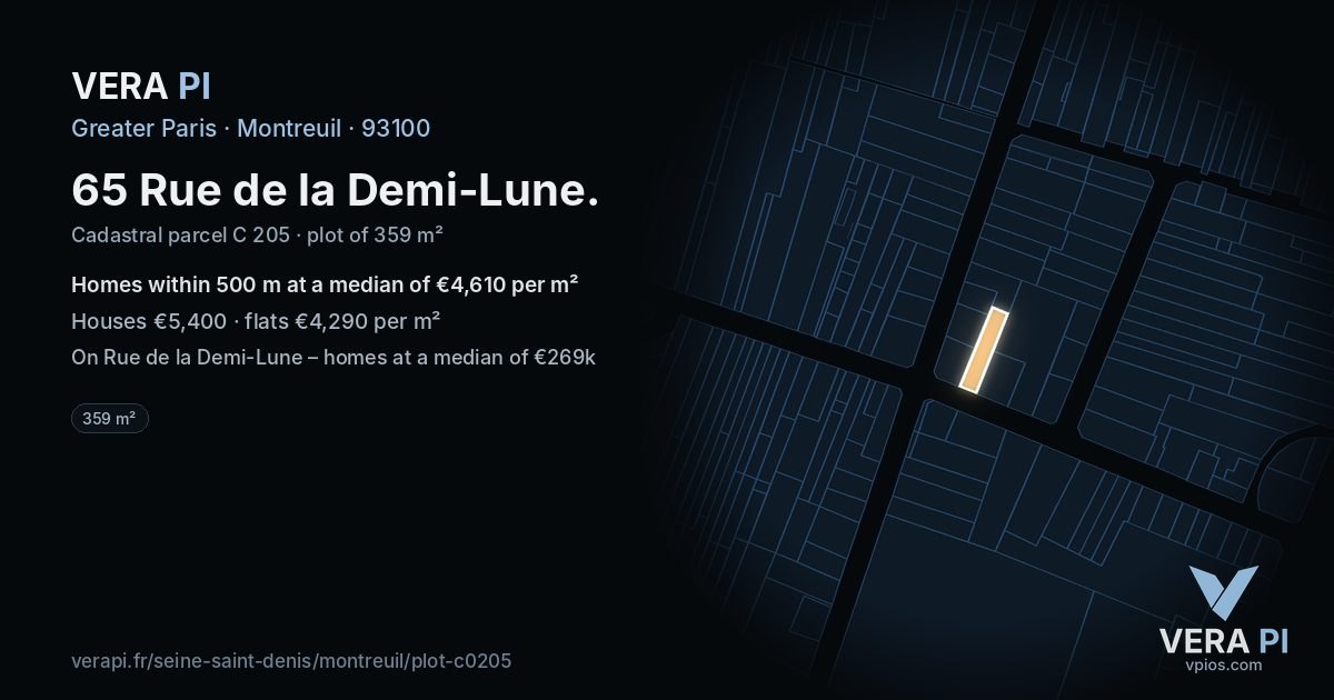 65 Rue de la Demi-Lune, Montreuil at night – the plot lit, the parcels around coloured by the prices near them