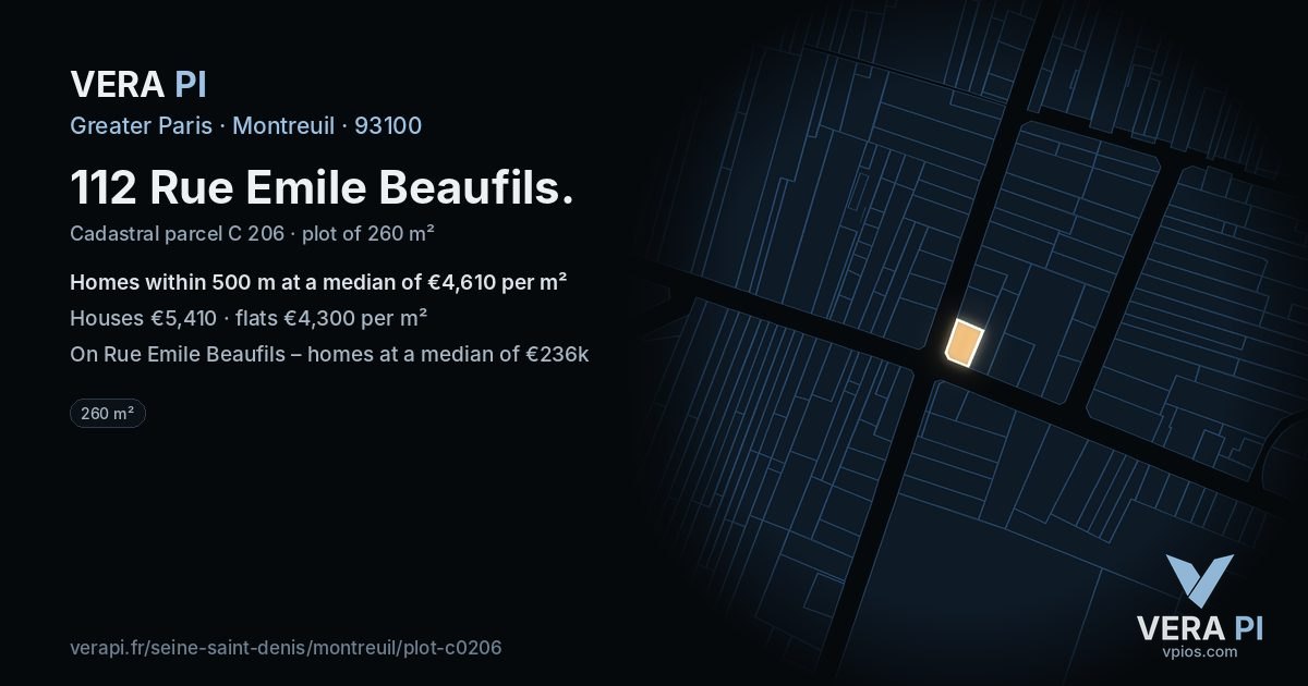 112 Rue Emile Beaufils, Montreuil at night – the plot lit, the parcels around coloured by the prices near them