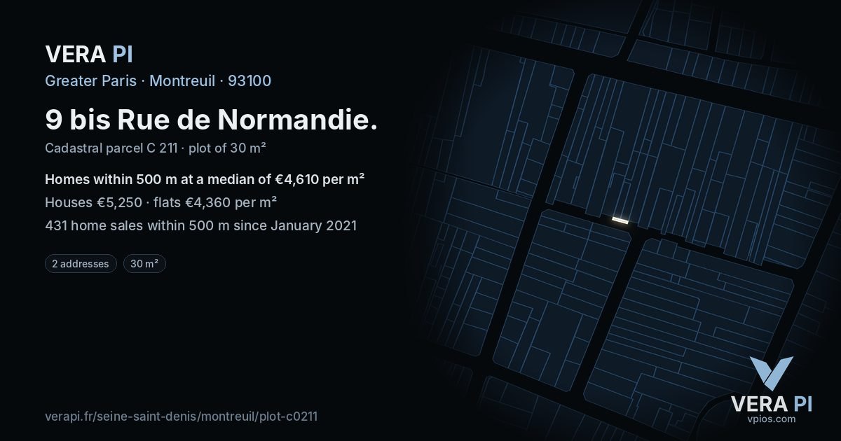 9 bis Rue de Normandie, Montreuil at night – the plot lit, the parcels around coloured by the prices near them