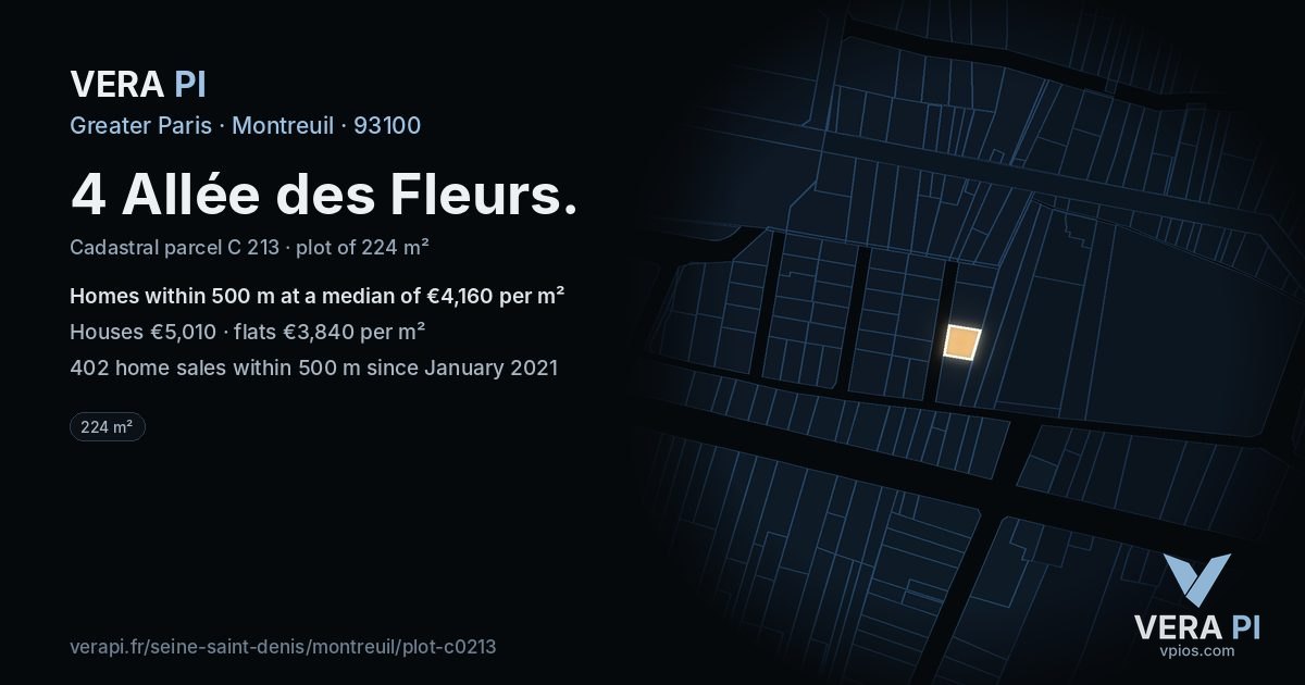 4 Allée des Fleurs, Montreuil at night – the plot lit, the parcels around coloured by the prices near them