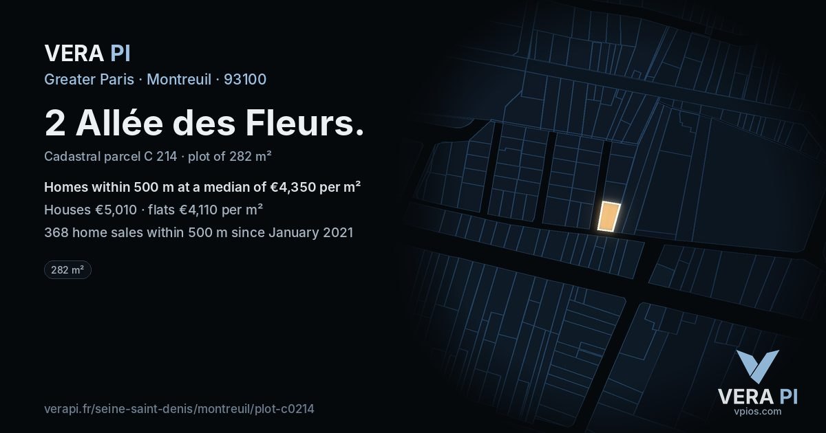 2 Allée des Fleurs, Montreuil at night – the plot lit, the parcels around coloured by the prices near them