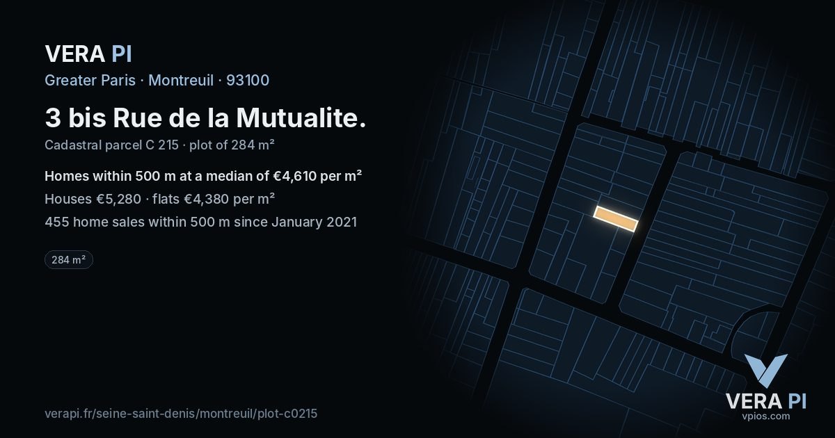 3 bis Rue de la Mutualite, Montreuil at night – the plot lit, the parcels around coloured by the prices near them