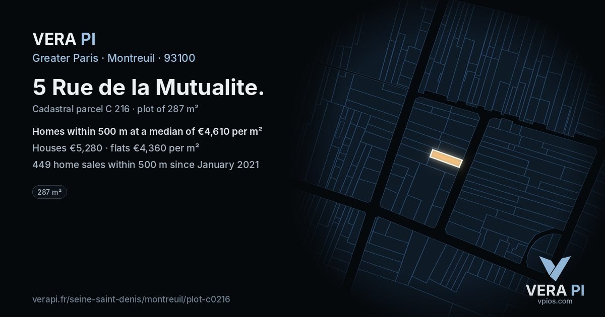 5 Rue de la Mutualite, Montreuil at night – the plot lit, the parcels around coloured by the prices near them