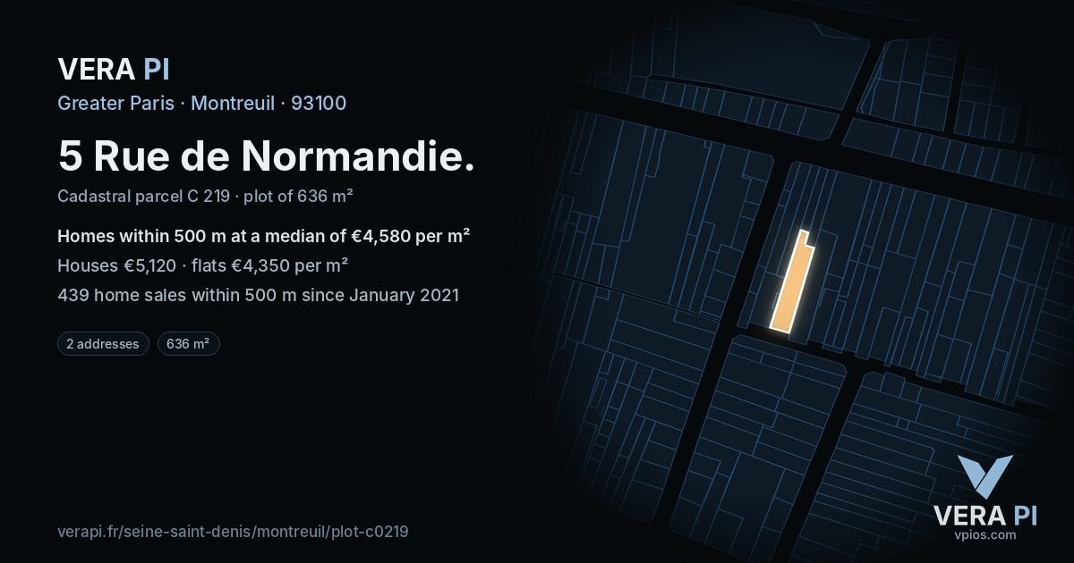 5 Rue de Normandie, Montreuil at night – the plot lit, the parcels around coloured by the prices near them