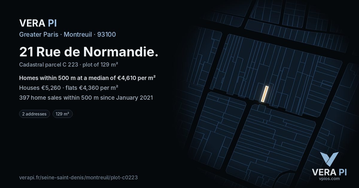 21 Rue de Normandie, Montreuil at night – the plot lit, the parcels around coloured by the prices near them