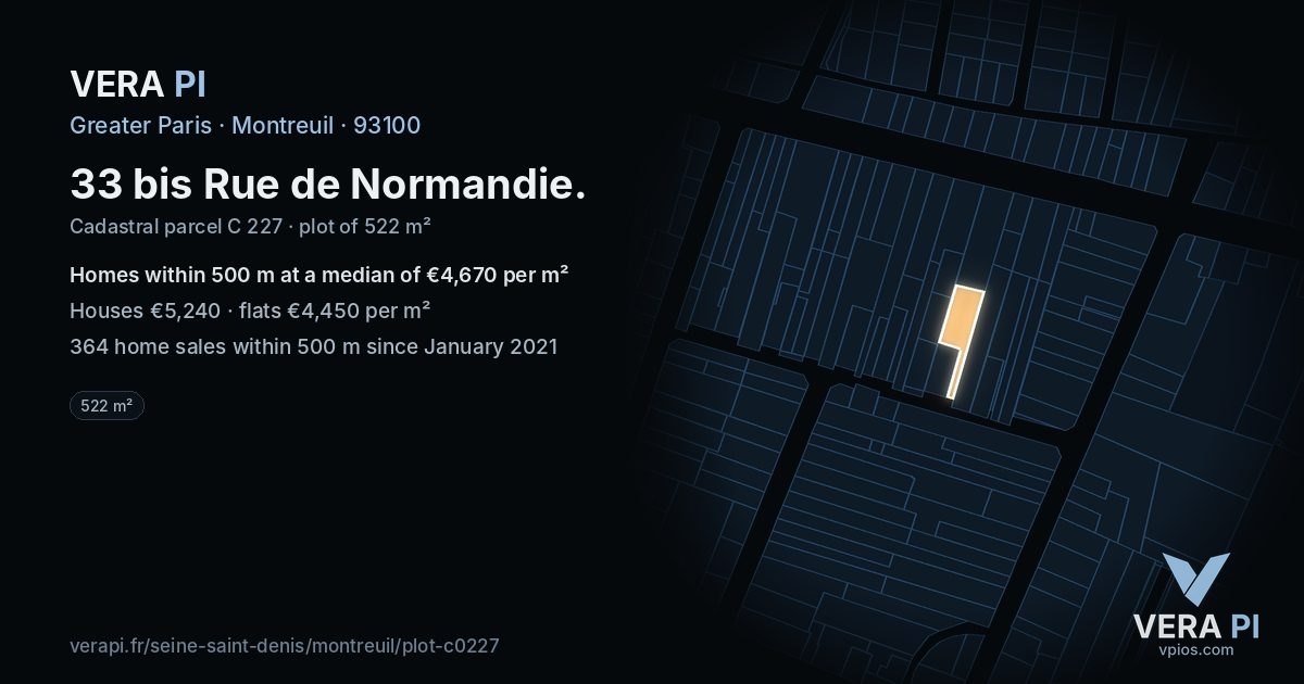 33 bis Rue de Normandie, Montreuil at night – the plot lit, the parcels around coloured by the prices near them