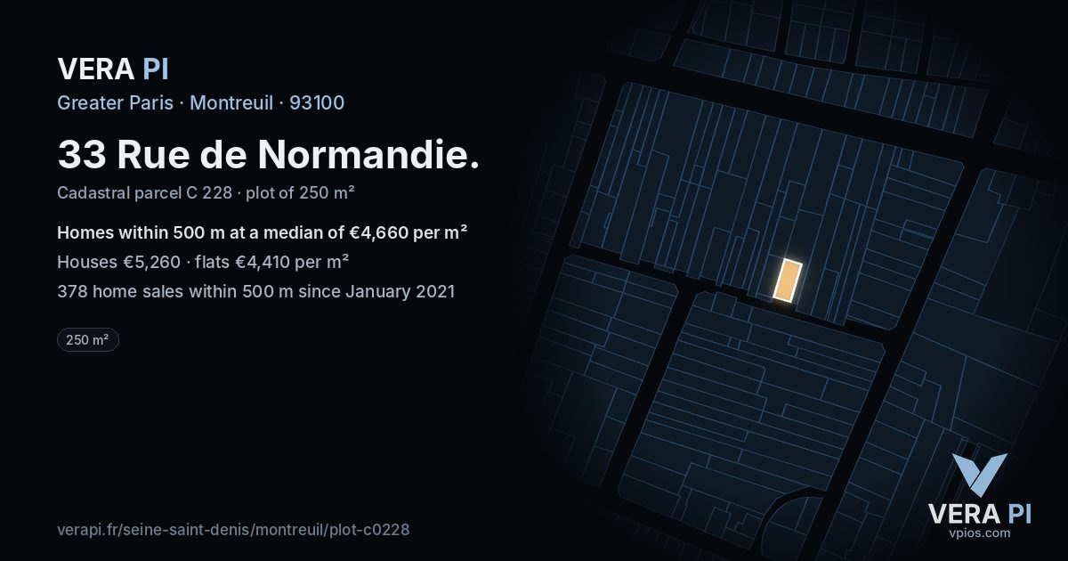 33 Rue de Normandie, Montreuil at night – the plot lit, the parcels around coloured by the prices near them