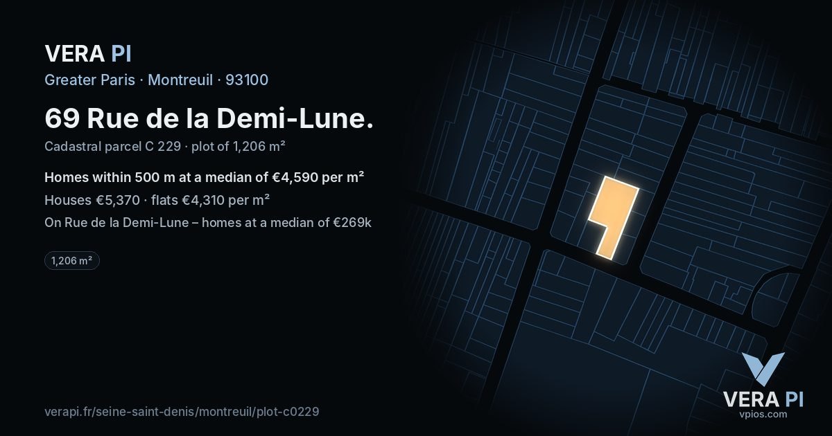 69 Rue de la Demi-Lune, Montreuil at night – the plot lit, the parcels around coloured by the prices near them