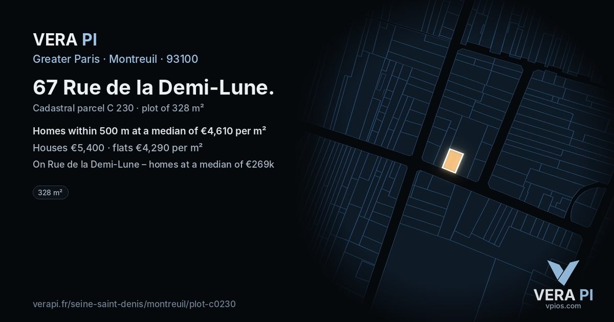 67 Rue de la Demi-Lune, Montreuil at night – the plot lit, the parcels around coloured by the prices near them