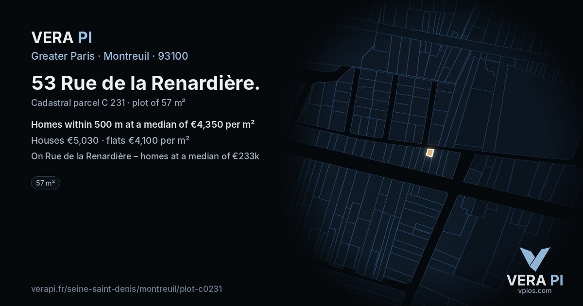 53 Rue de la Renardière, Montreuil at night – the plot lit, the parcels around coloured by the prices near them